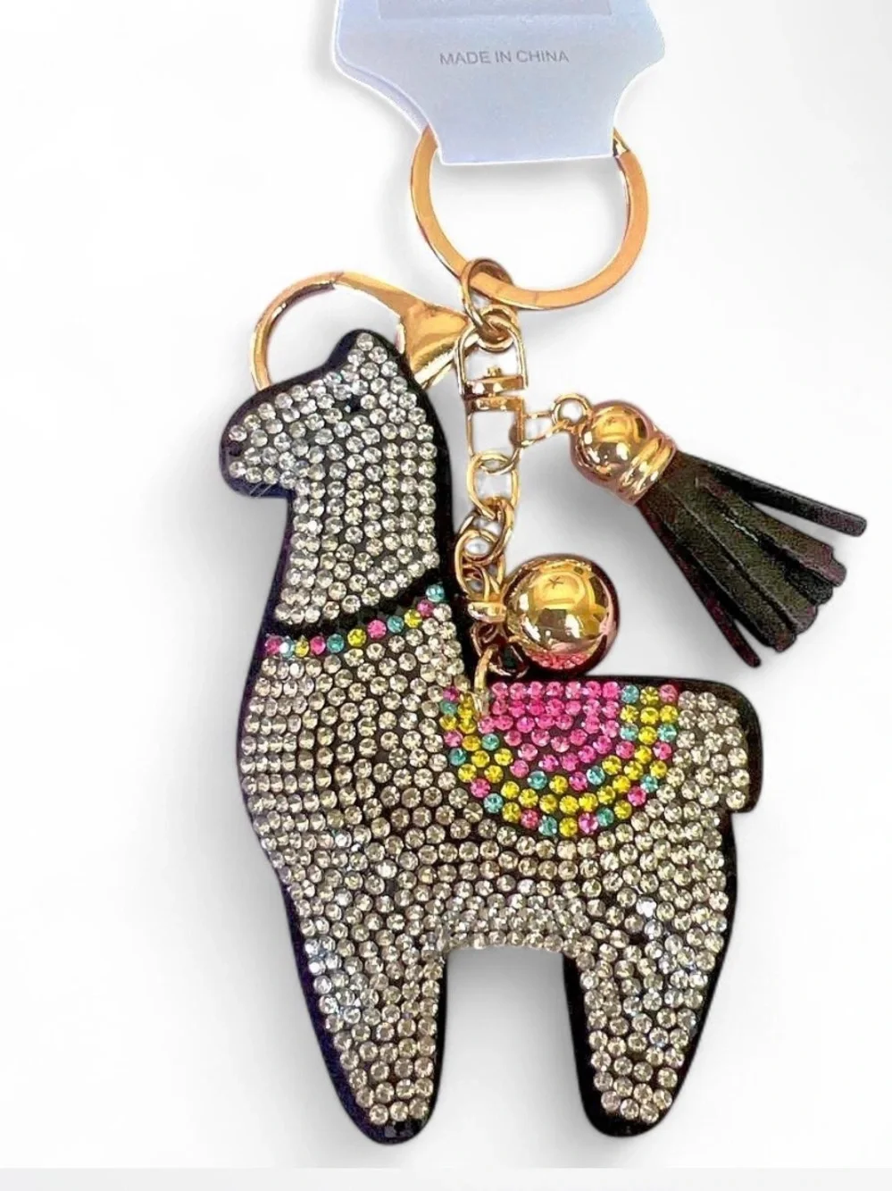 Rhinestone Llama Keychain Bag C with Tassel - Multicolor Sparkle